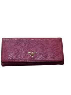 Prada Pebbled Leather Wallet - Plum Berry with Gold Logo